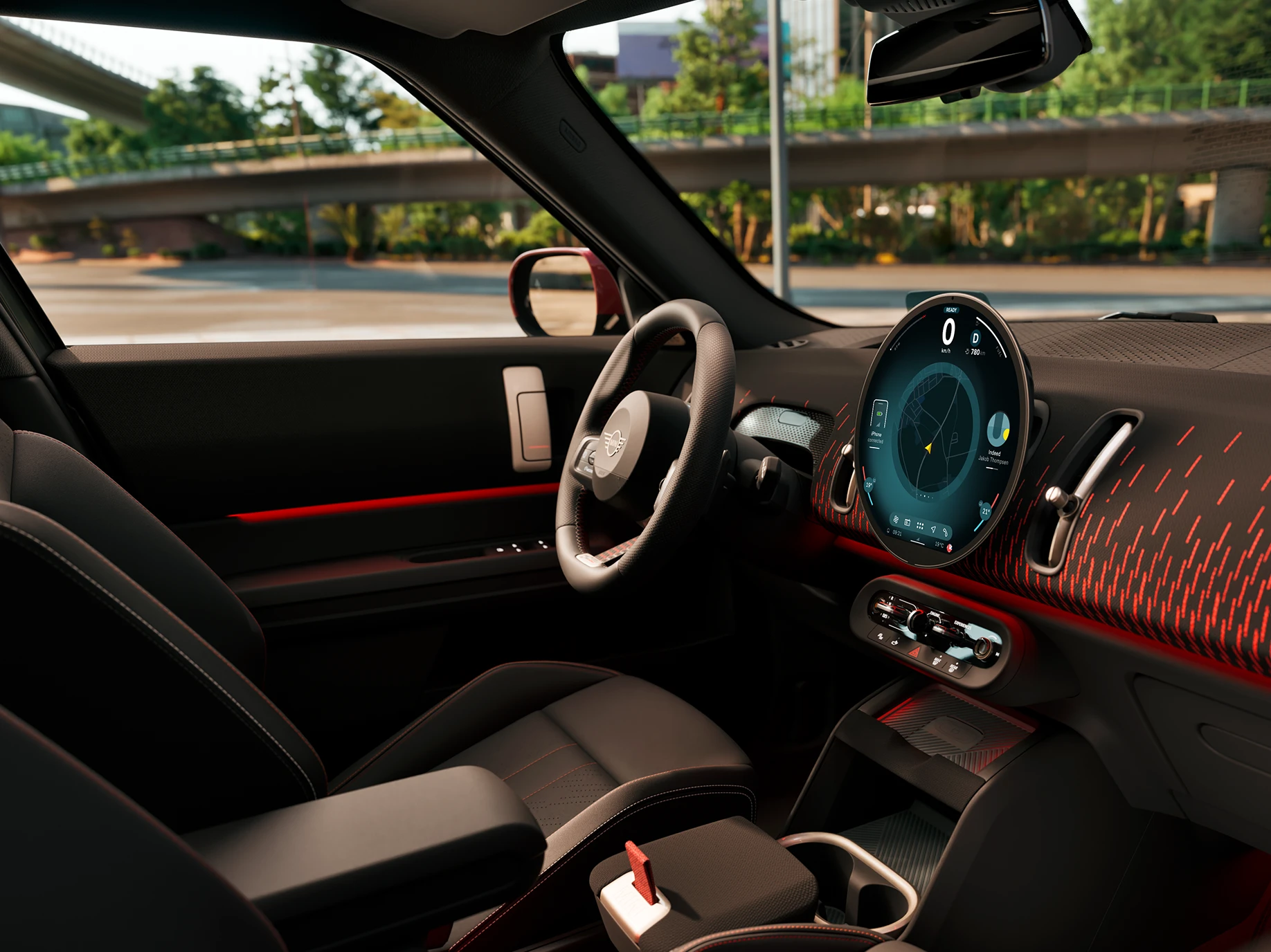 Visning interiør fra siden av MINI Countryman-dashbordet med John Cooper Works modellvariant.