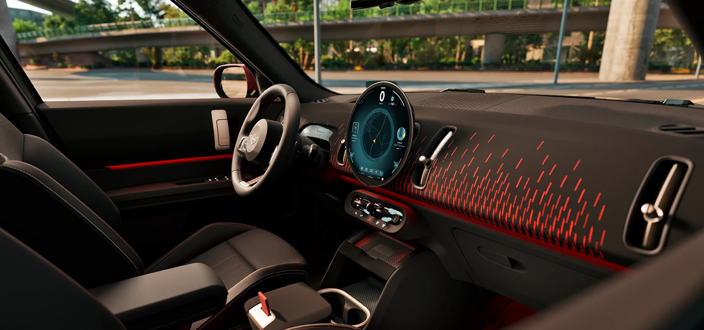 Visning interiør fra siden av MINI Countryman-dashbordet med John Cooper Works modellvariant.