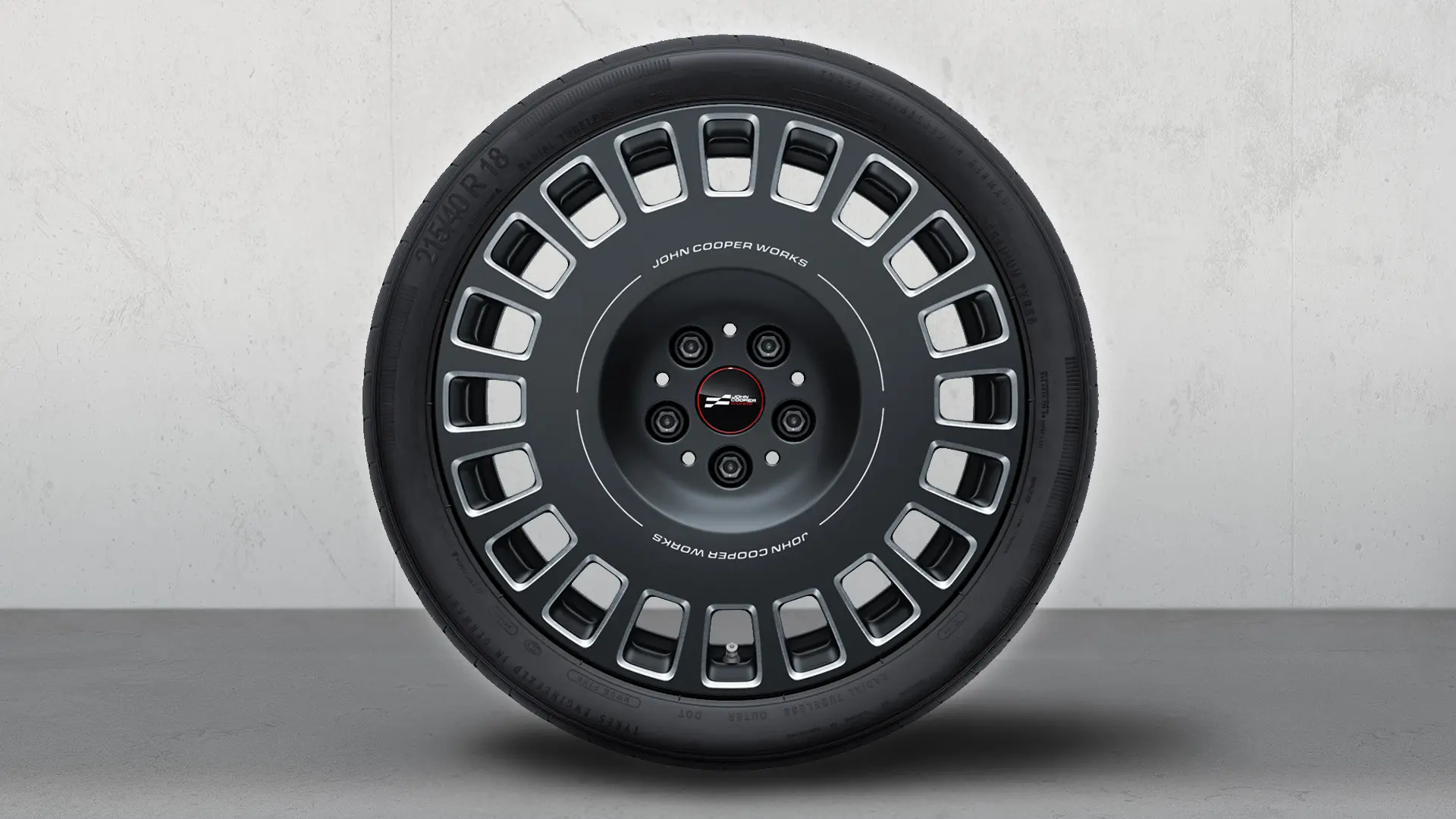 Diamantkuttede 18" MINI JCW-felger med Rallye 964-eiker i Frozen Midnight Grey.