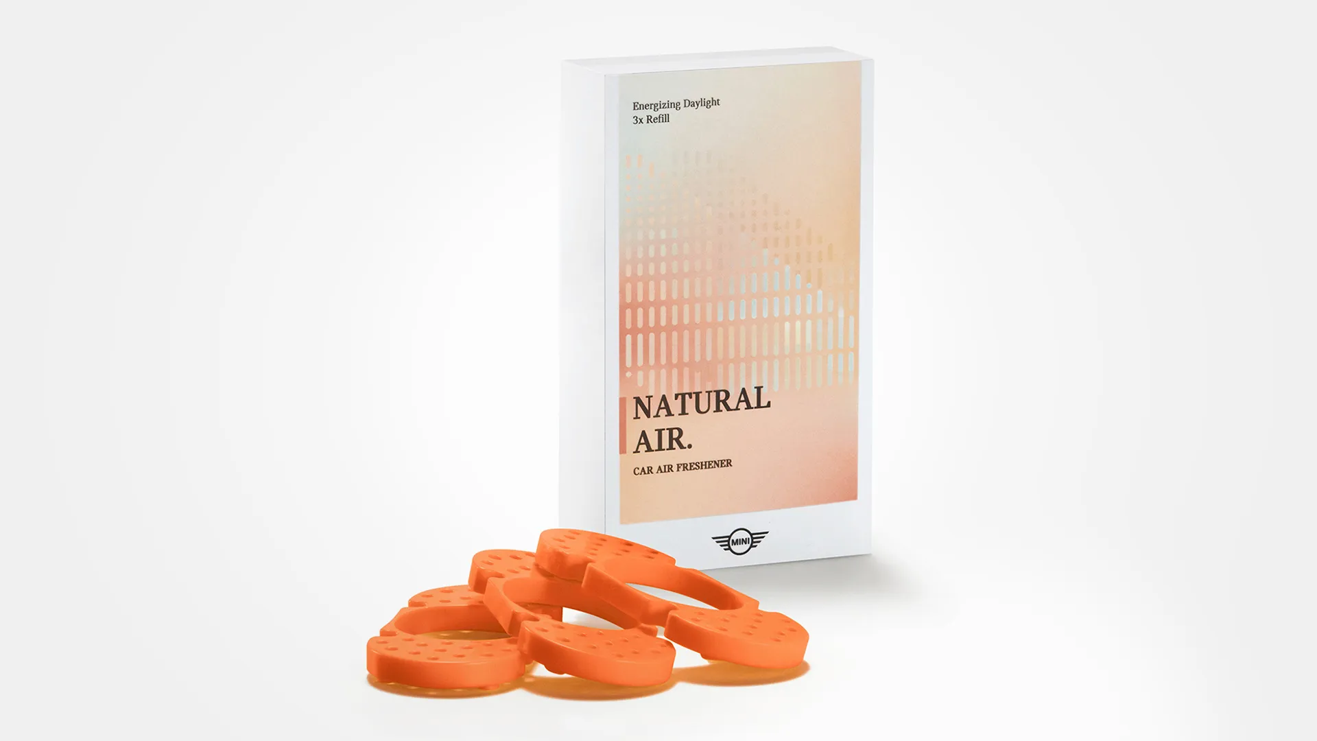 MINI Natural Air-refillpakke med tre duftpinner som hver er pakket i en lufttett pose.
