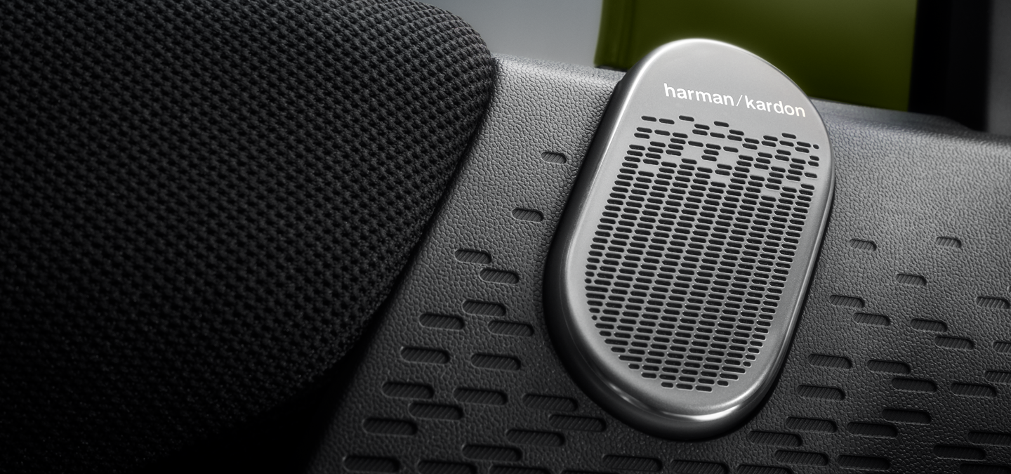 Detaljvisning av Harman Kardon-lydanlegget i MINI Paul Smith
